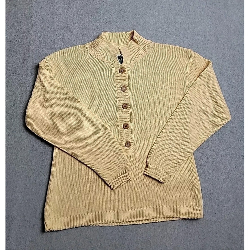 Coldwater Creek Sweater Womens Medium Tan Cotton Knit Button Collar USA Cottage